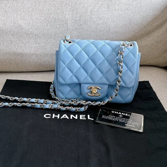 98% NEW CHANEL LAMB SKIN BABY BLUE SQUARE FLAP BAG - Picture 15 of 15